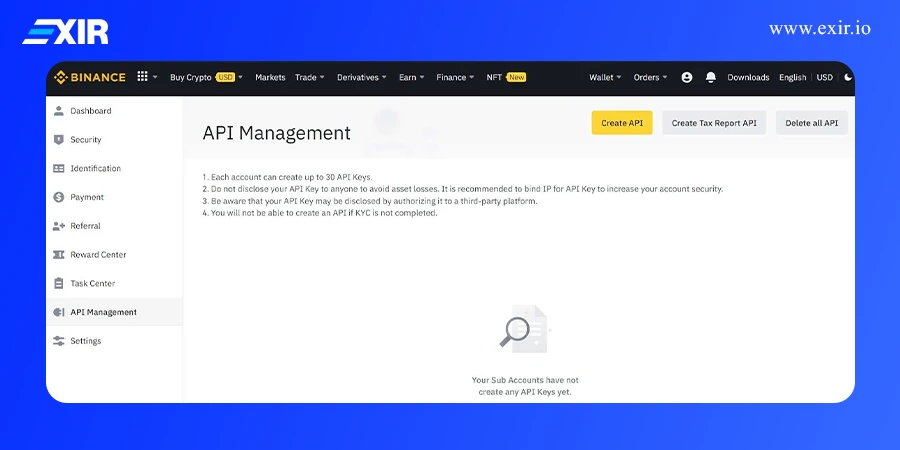 صفحه API Management در صرافی بایننس برای ساخت کلید API