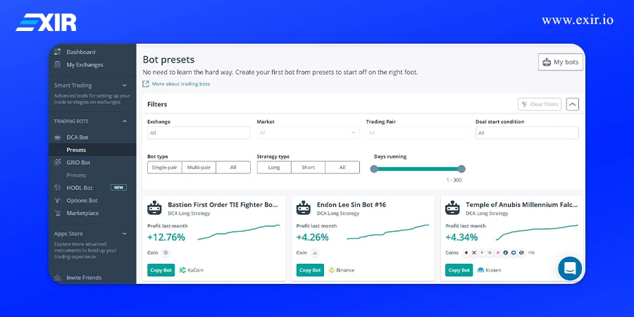 بخش Bot presets در 3Commas؛ ربات‌های آماده به همراه بازدهی ماه گذشته
