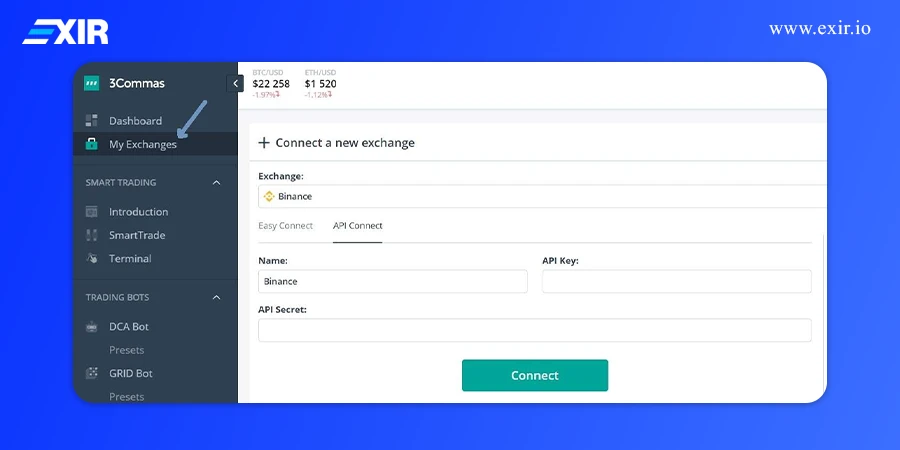 اتصال صرافی به 3Commas از بخش My Exchanges با وارد کردن API Key و API Secret