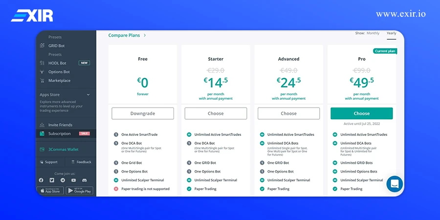 مقایسه پلن‌های اشتراک 3Commas: Free، Starter، Advanced و Pro با قیمت ماهانه