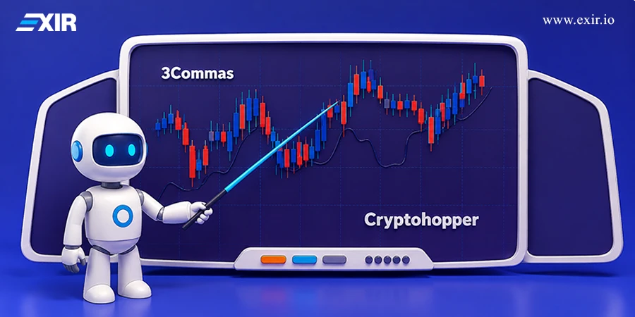 ربات ترید در کنار نمودار قیمت با نام پلتفرمهای 3Commas و Cryptohopper