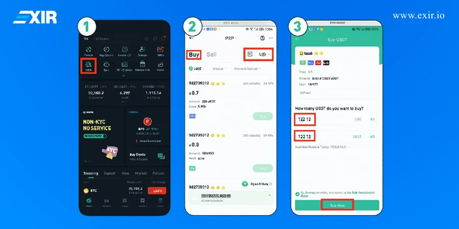 مراحل ۱ تا ۳ خرید تتر (USDT) از بخش P2P اپلیکیشن کوکوین: ورود به P2P، انتخاب آگهی و وارد کردن مقدار