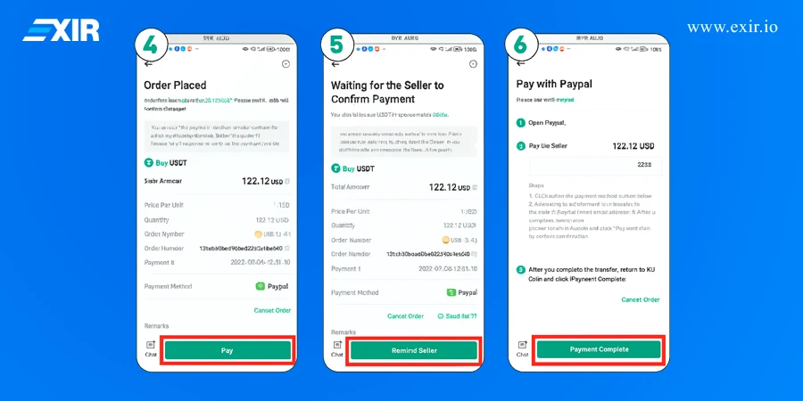 مراحل ۴ تا ۶ خرید تتر در P2P کوکوین: ثبت سفارش، انتظار برای تأیید فروشنده و تأیید پرداخت