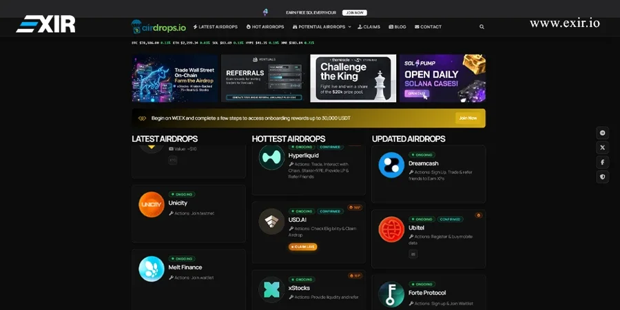 بخشهای سایت airdrops.io