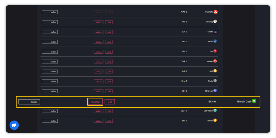 برداشت بیت کوین کش BCH از کیف پول صرافی اکسیر