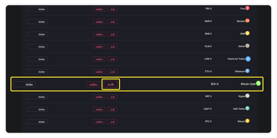 انتخاب نماد BCH برای واریز بیت کوین کش در کیف پول اکسیر
