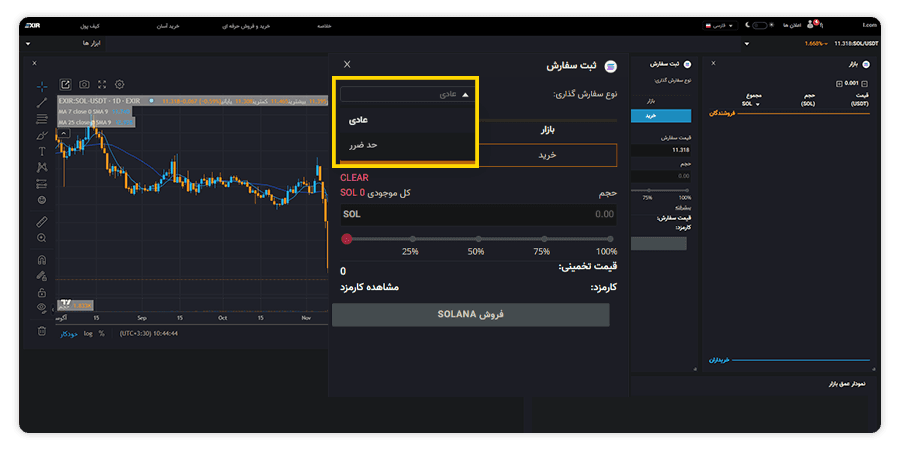 انتخاب نوع سفارش حد ضرر در اکسیر