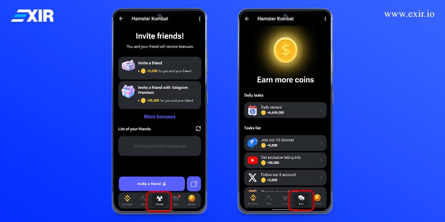 دریافت توکن با انجام تسک در بخش Earn و دعوت از دوستان در بازی Hamster