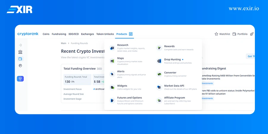 قابلیتها و ابزارهای رایگان در CryptoRank