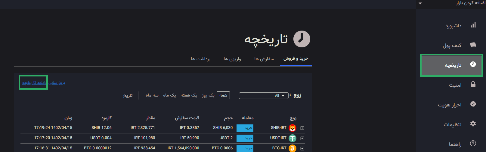 تاریخچه معاملات