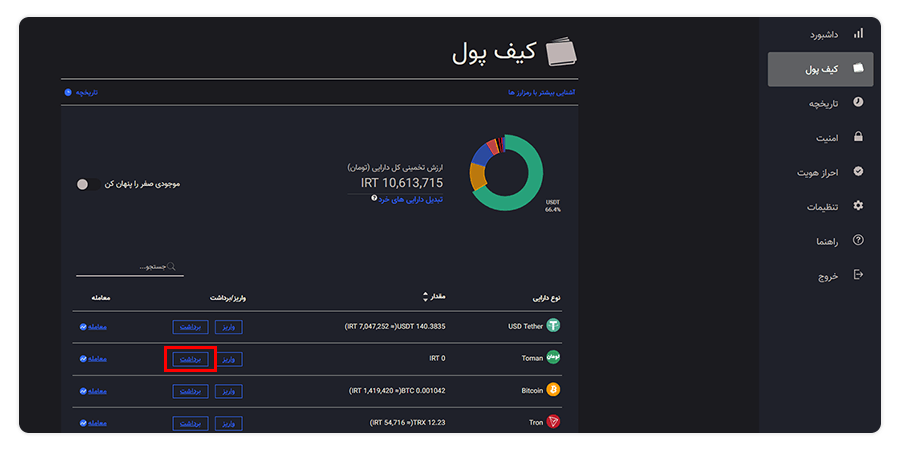 آموزش برداشت ریال از کیف پول حساب کاربری 5 برداشت تومان